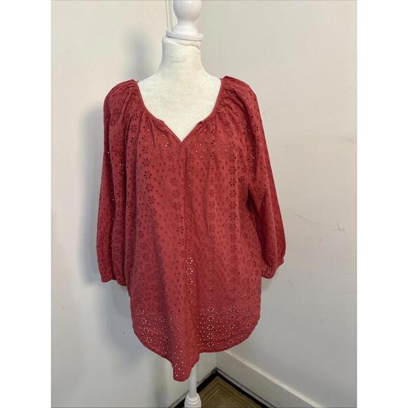 Chaps Tops - Chaps Rose Eyelet Lace Boho Blouse V-neck 3/4 Sleeve